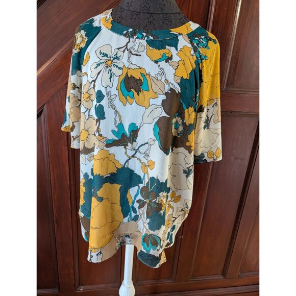 Cynthia Rowley Floral Print Blouse Yellow Teal Brown Short Sleeve Lightweight Wo - Picture 1 of 8
